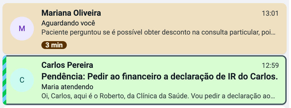 Lista de conversas do Painel: Mariana Oliveira aguarda a equipe há 3 minutos, destacada em amarelo; logo abaixo, a conversa de Carlos Pereira tem uma faixa azul e o texto Pendência: Pedir ao financeiro a declaração de IR do Carlos.
